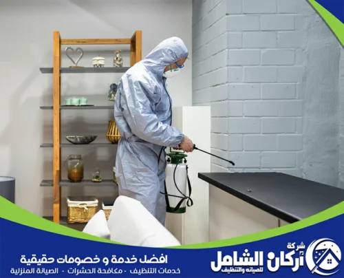 فني يرتدي بدلة واقية يقوم بمعالجة منطقة داخلية في غرفة معيشة، مع التركيز على الزوايا للحصول على حماية شاملة ضد الحشرات.