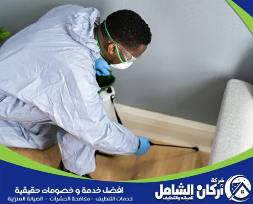 فني شركتنا وهو يقوم برش مبيدات حشرية في محيط الغرف وعلى طول الأركان والشقوق حيث تختبئ وتمر الحشرات والقوارض. 